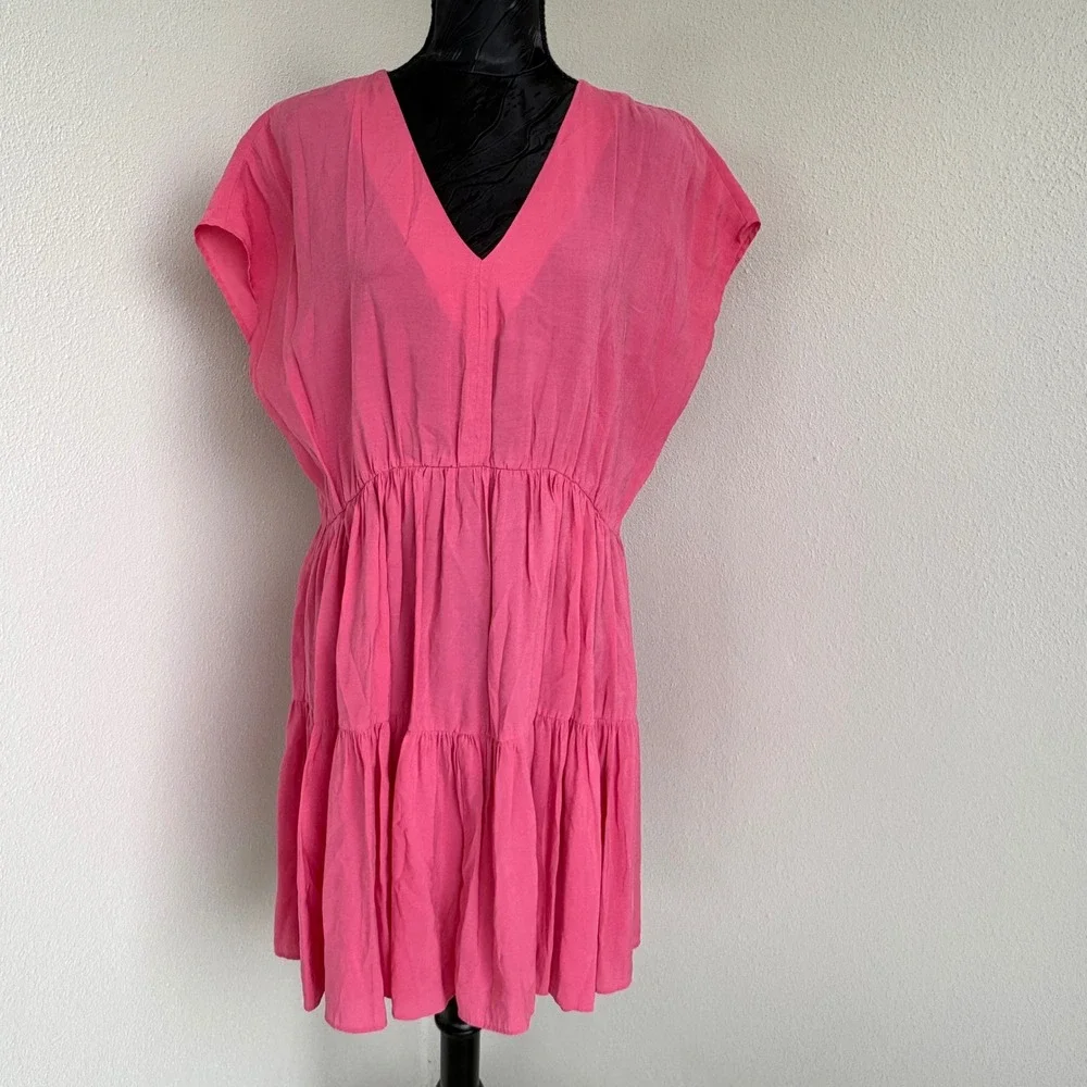 Mango Tiered V-Neck Mini Dress Womens Size 6‎ Pink